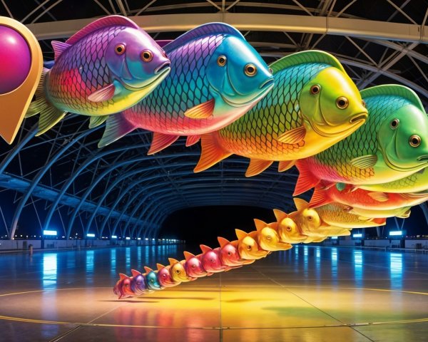 Vibrant Surreal Art Installation of Colorful Fish