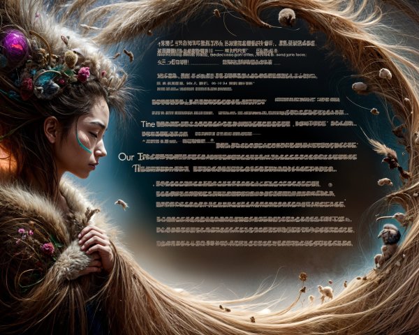 Young woman with flowing hair and colorful orbs