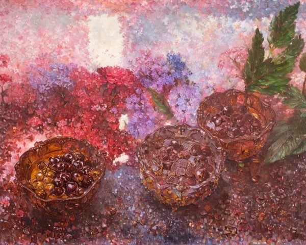 Ornate Bowls with Dark Fruits and Colorful Flowers
