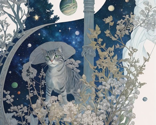 Whimsical Cat in Hat Among Flowers and Stars