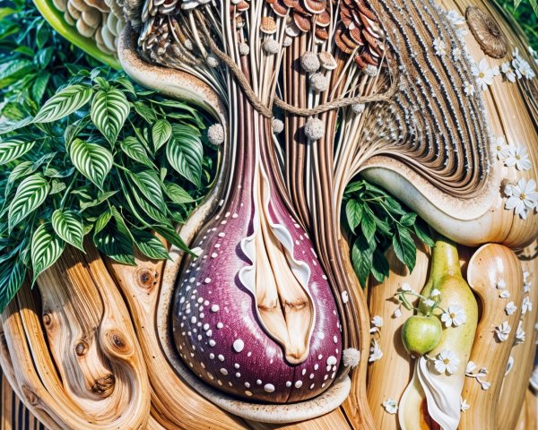 Intricate Wooden Sculpture of Oversized Mushroom and Foliage