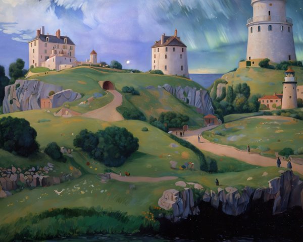 Serene Landscape with Hills, Houses, and Auroras