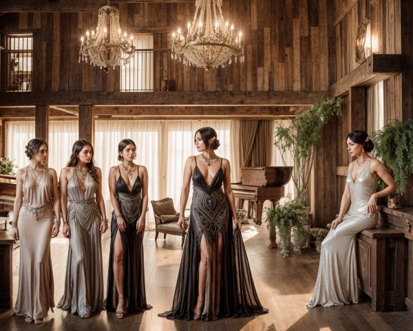 Elegant Evening Gowns in Rustic Wooden Venue