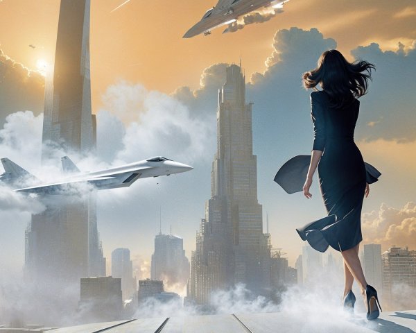 Woman in Black Dress Overlooking Futuristic Cityscape