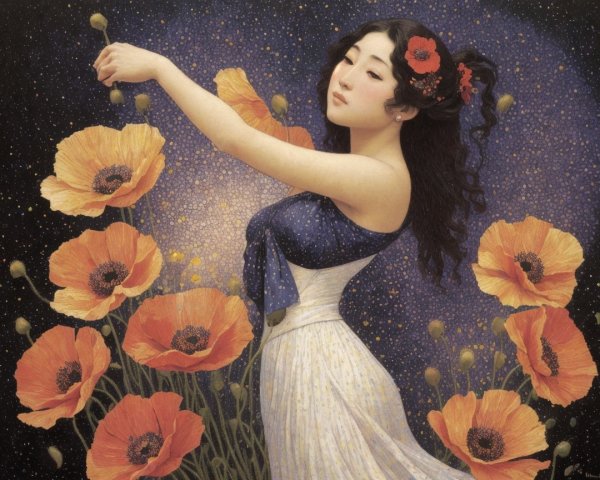 Woman in Flowing Dress Among Orange Poppies