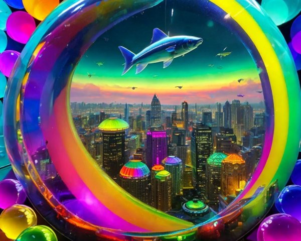 Futuristic cityscape within a transparent sphere