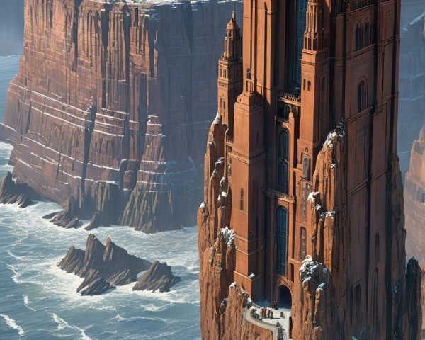 Dramatic Landscape with Ornate Structure on Cliff