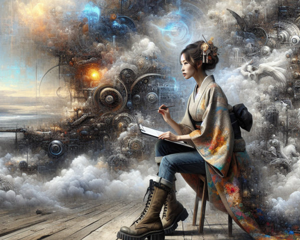 Whimsical Digital Painting of Woman in Kimono and Jeans