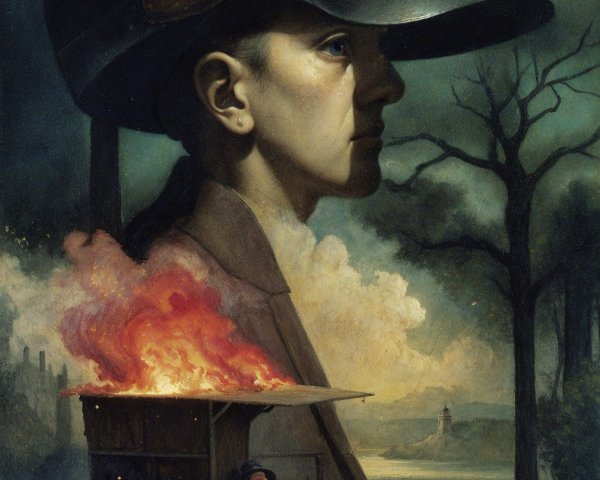 Surreal Artwork of Woman, Car Fire, and Dark Landscape