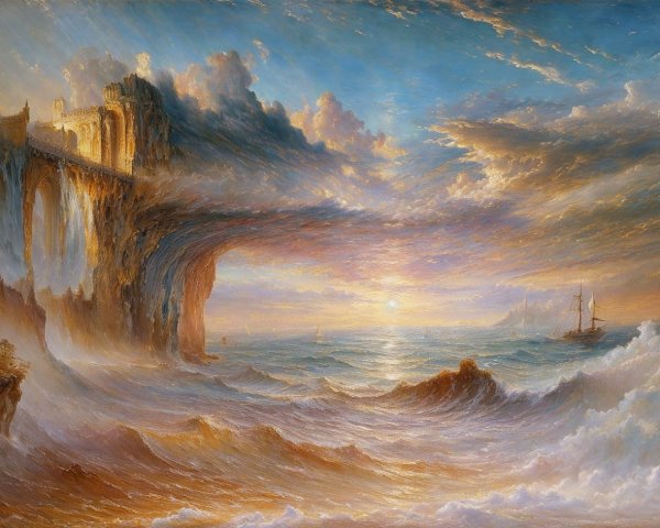 Sunset Over Coastline with Bridge and Castle Scene