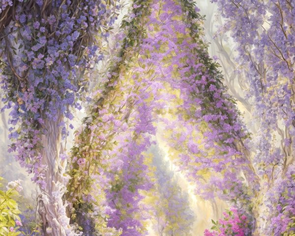 Magical Flower-Framed Pathway in Lush Forest