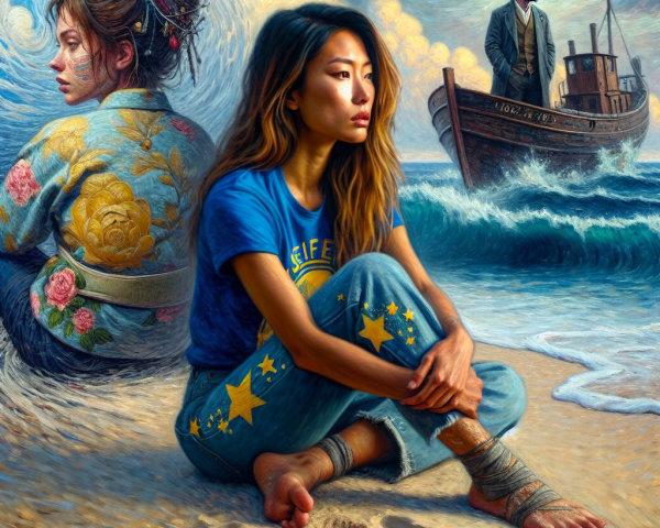 Surreal Beach Scene with Three Figures and Dramatic Sky