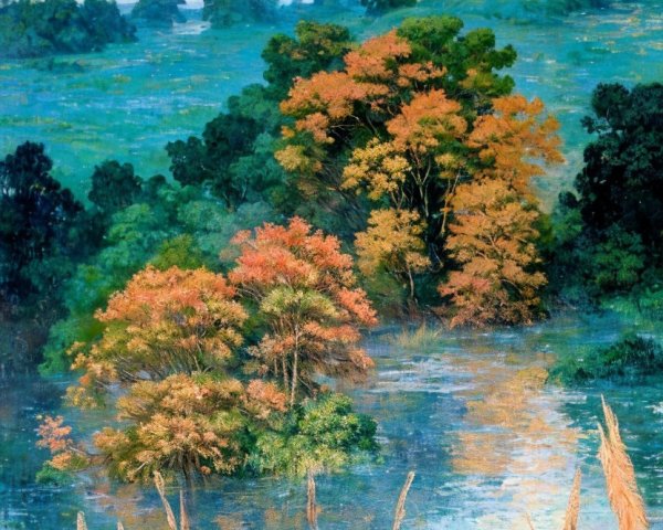 Autumn Landscape with Trees and Reflections in Water