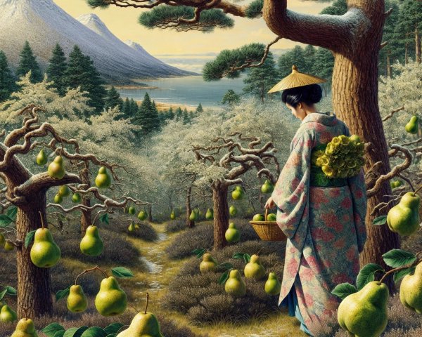 Woman in Kimono Walking Through Pear Orchard Landscape