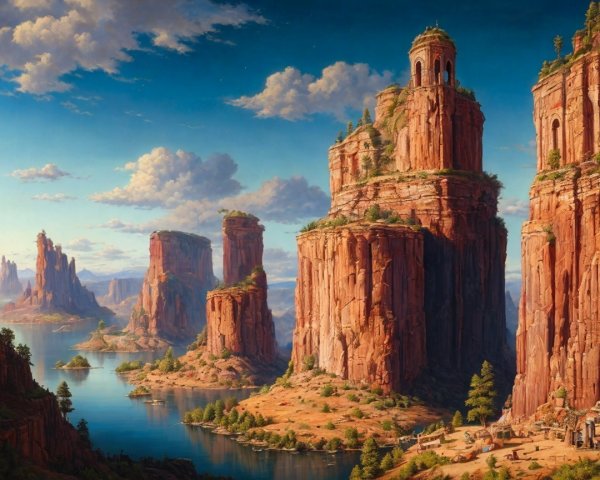 Majestic Red Rock Formations Above a Serene Lake