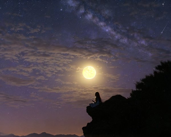 Serene Night Scene with Full Moon and Stars