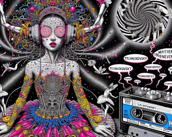 Surreal Colorful Figure with Headphones and Fairies