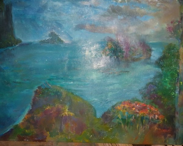 Serene Coastal Scene with Vibrant Colors and Mist