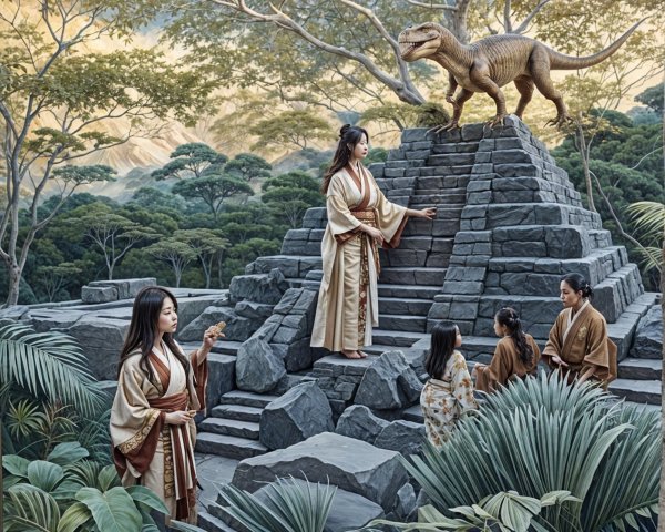 Women in Traditional Robes Encounter Dinosaur at Pyramid