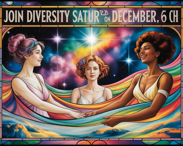 Three Women in Elegant Dresses with Rainbow Fabric