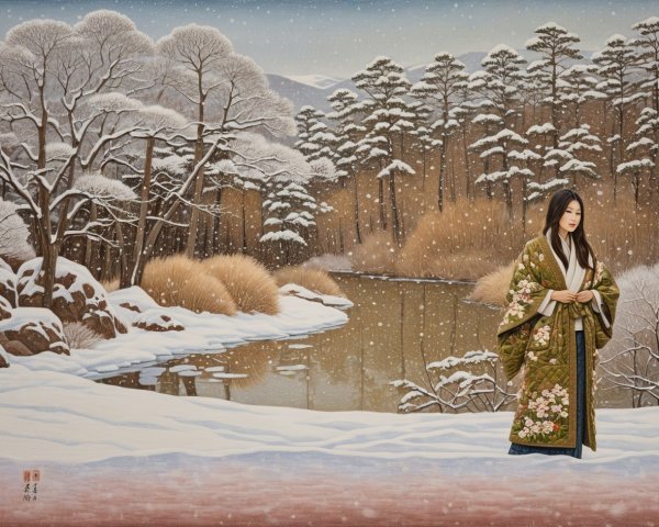 Young woman in a snowy landscape with a frozen lake