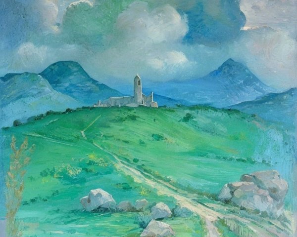 Serene landscape with hills, path, and stone tower