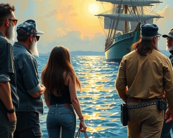 Group on Ship Deck Watching Tall Ship at Sunset