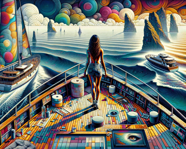 Surreal Seascape with Woman on Colorful Boat