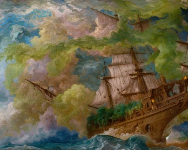 Majestic ship navigating turbulent waters and vibrant skies