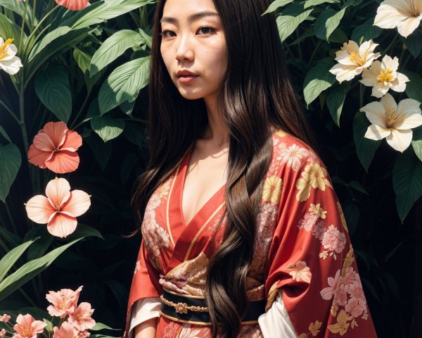 Young Woman in Red Kimono Surrounded by Tropical Flowers