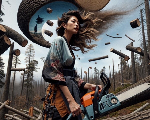 Woman in Kimono with Chainsaw in Deforested Landscape