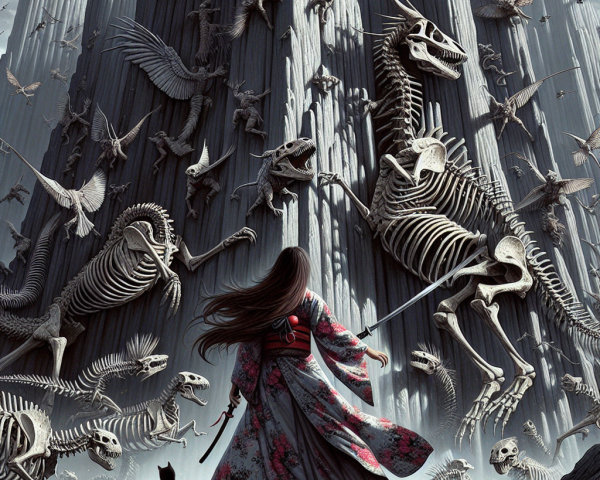 Lone Figure in Kimono Amidst Dramatic Dinosaur Scene