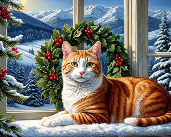 Tabby Cat on Snowy Windowsill with Mountain View