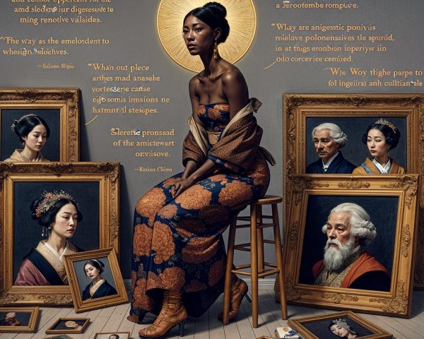 Woman in Floral Dress Surrounded by Historical Portraits