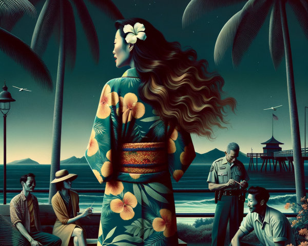 Nighttime Beach Scene with Figures and Palm Trees