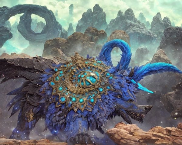 Majestic creature with blue fur and golden armor