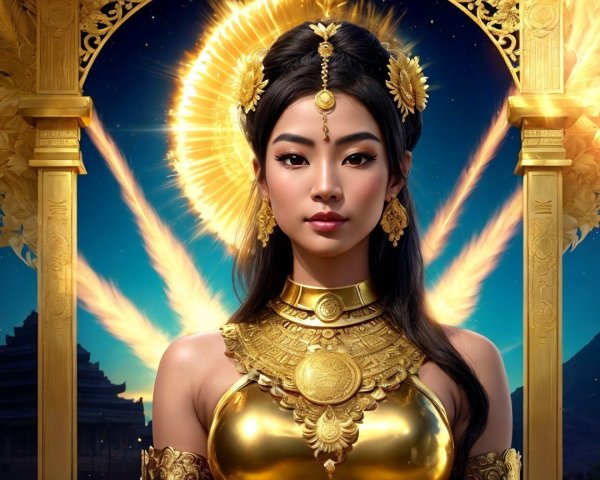 Regal Figure in Golden Attire with Majestic Backdrop
