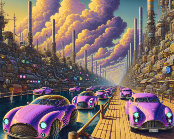 Surreal Futuristic Canal with Pink Cars and Clouds