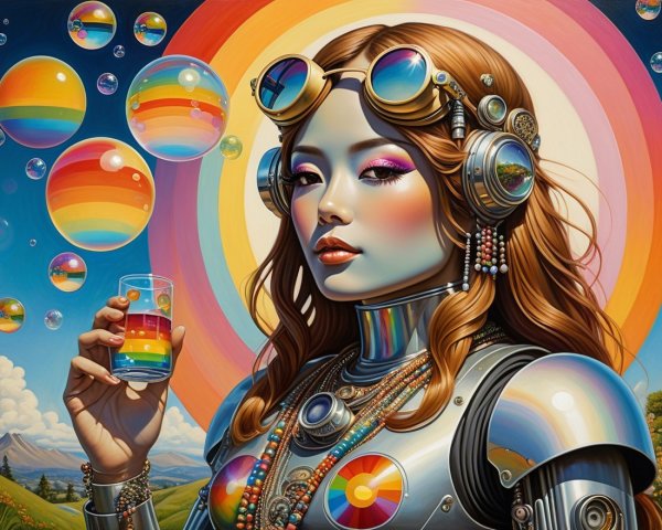 Futuristic woman with vibrant makeup and psychedelic background