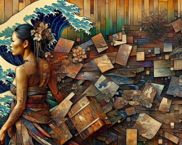 Stylized Woman in Traditional Attire with Dynamic Background