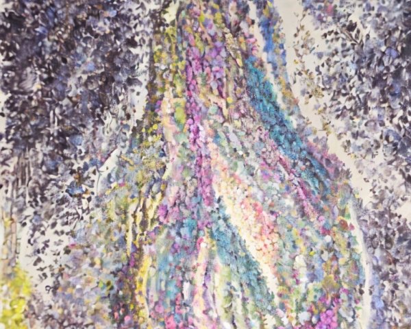 Large Stylized Pear in Purple and Blue with Abstract Background