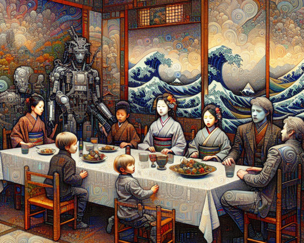 Gathering of People and Robot in Japanese Art Style