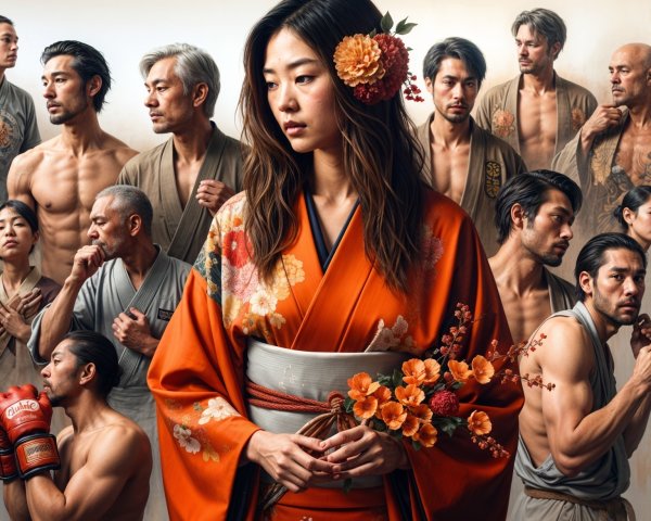 Woman in Orange Kimono Surrounded by Diverse Men