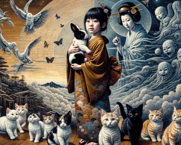 Young Girl in Kimono with Rabbit and Cats in Dreamlike Scene