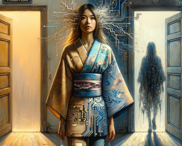 Young Woman at the Threshold of Two Contrasting Rooms