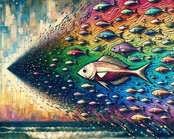 Surreal Scene of Colorful Fish in Dynamic Ocean Waves
