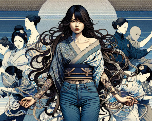 Digital Artwork of Woman Merging Japanese Tradition and Modernity