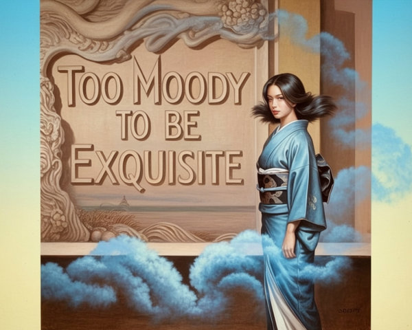 Woman in Blue Kimono Against Whimsical Backdrop