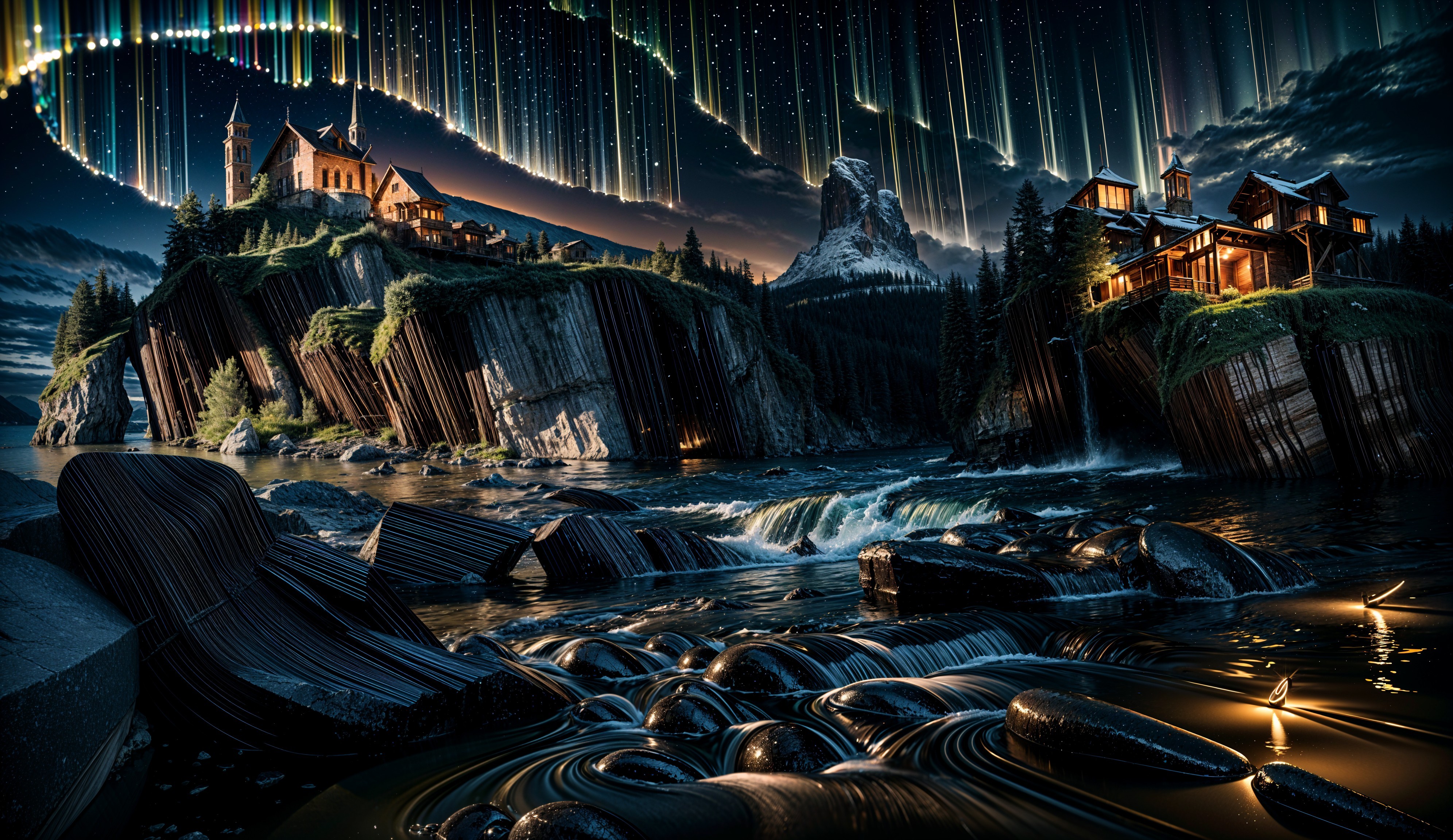 Rugged Landscape with Village and Cascading Waterfalls