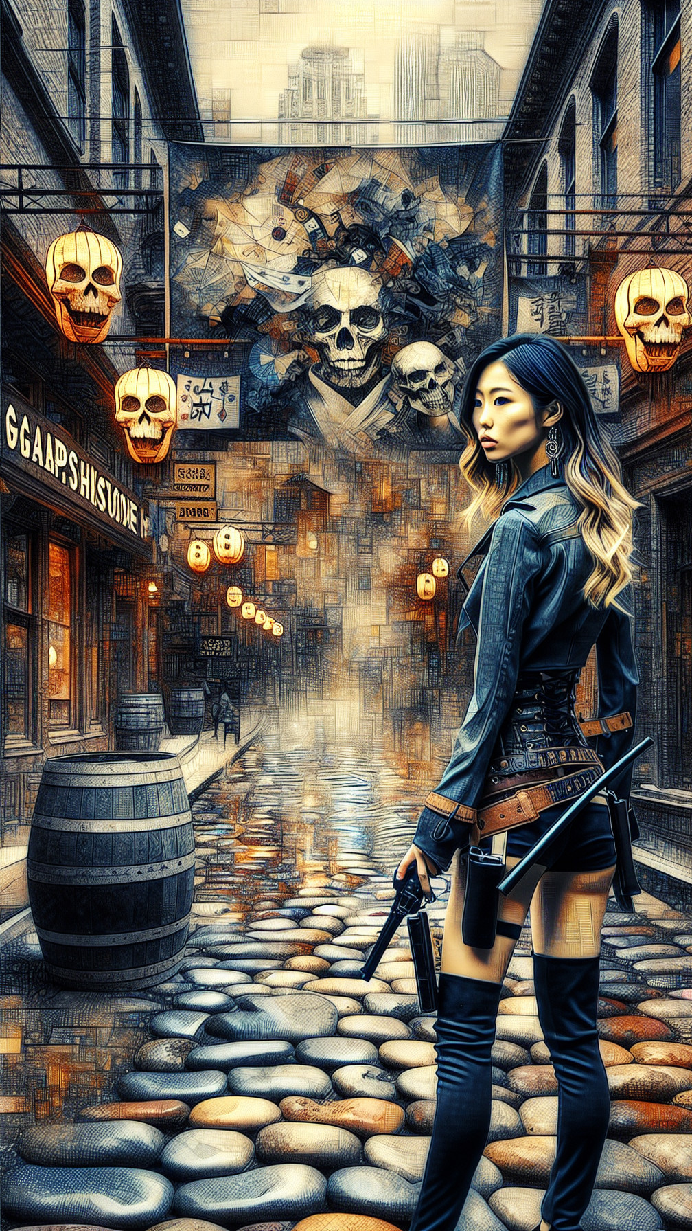 Woman with Dual Pistols in Gritty Alleyway Scene